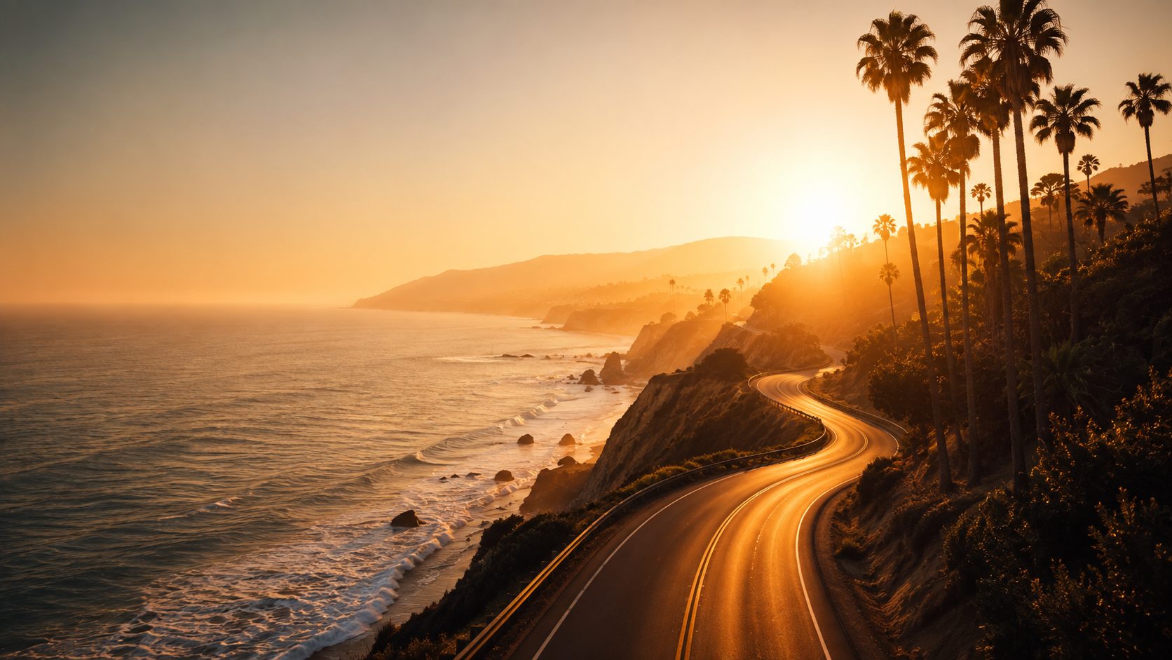 Golden-hour Pacific Coast Highway with palm trees
